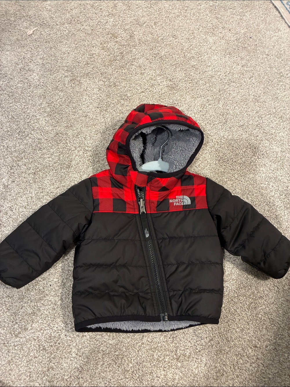The North Face Black Puffer Jacket with Red Buffalo Plaid Hood - Reversible